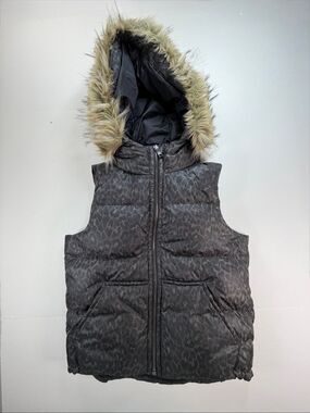 Coach Womens Size S Leopard Down Puffer Vest Hooded Removable Faux Fur Trim EUC